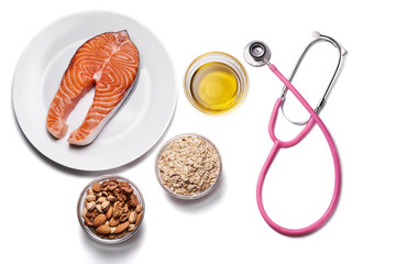 Salmon steak sereals nuts and oil isolated