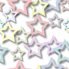 Abstract seamless pattern of randomly arranged colored stars with soft shadows on white background