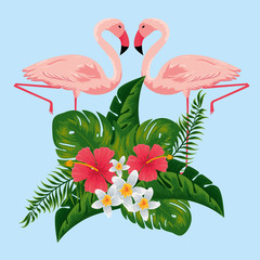 tropical flamingos with exotic flowers and leaves