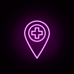 Obraz premium Pin hospital neon icon. Elements of medical set. Simple icon for websites, web design, mobile app, info graphics