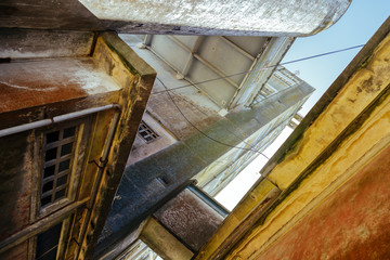 Internal corridors of silos and abandoned warehouses with tower