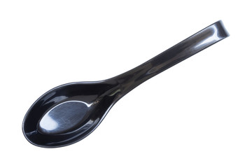 top view of black soup spoon isolated on white background