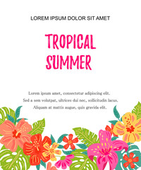 Hand drawn sketch style jungle flowers and exotic leaves. Tropical summer vector illustration. Place for your text. Seasonal template for vacation, poster, banner, flyer, invitation. Flat style design