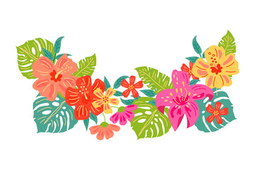 Tropical exotic flowers and leaves. Hand drawn sketch style vector illustration isolated on white background. Flat style design element for poster, banner, party invitation, summer concept. - obrazy, fototapety, plakaty