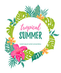 Obraz premium Hand drawn sketch style design element with tropical flowers and exotic leaves. Tropical summer. Place for your text. Vector illustration for party, invitation, flyer, poster, banner, web.