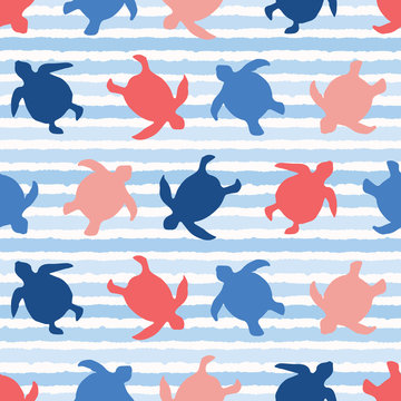 Top view of swimming sea turtles pattern. Seamless vector sealife background. Hand drawn stripes. Blue ocean nature all over print. Beach wear stripes, marine animal  summer textiles, world turtle day
