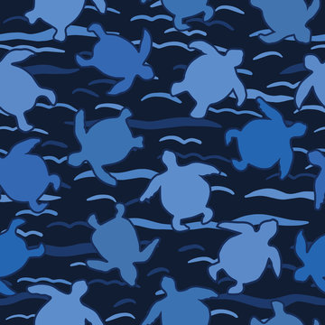 Top view of swimming sea turtles pattern. Seamless vector sealife background. Hand drawn endangered ocean nature all over print. For beach wear, marine animal conservation textiles, world turtle day.