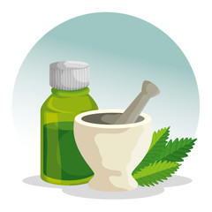 cannabis plant with stone grinding crusher and oil bottle