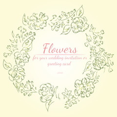 Wreath of roses or peonies flowers branches with pink, green and white colors. Floral frame design elements for wedding invitation and greeting card. Hand drawn. Line art. Sketch