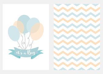 Baby shower invitation for boys Blue balloons ribbon text Set 2 cards Vector