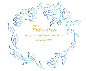 Wreath of roses or peonies flowers with violet, yellow and pink colors. Floral Frame design elements for your wedding invitation and greeting card. Hand drawn vector illustration. Line art. Sketch.