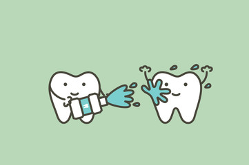 healthy teeth cleaning his friend by mouthwash, dental health care - tooth cartoon vector flat style