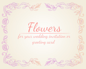 Wreath of roses or peonies flowers branches with pink, purple and coral colors. Floral frame design elements for wedding invitation and greeting card. Hand drawn. Line art. Sketch