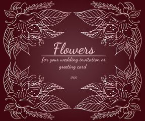 Wreath of roses or peonies flowers with rustic red, brown, chocolate and pale pink colors. Floral frame design elements for wedding invitation and greeting card. Hand drawn. Line art. Sketch