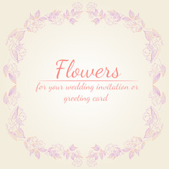 Wreath of roses or peonies flowers branches with pink, purple and coral colors. Floral frame design elements for wedding invitation and greeting card. Hand drawn. Line art. Sketch