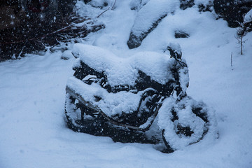 Sport bike completely covered with thick white snow, cold winter season - Image