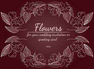 Wreath of roses or peonies flowers with rustic red, brown, chocolate and pale pink colors. Floral frame design elements for wedding invitation and greeting card. Hand drawn. Line art. Sketch