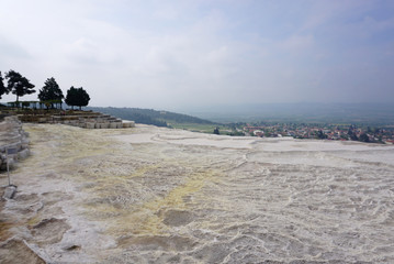 Panoramic view of the beautiful white Travertines terrace of Pamukkale landscape