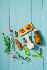 alternative medicine, herbs, proofs on blue wooden table