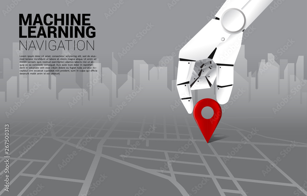 Aufkleber close up hand of robot place location pin marker on road map. concept of a.i. learning machine and navigation system.