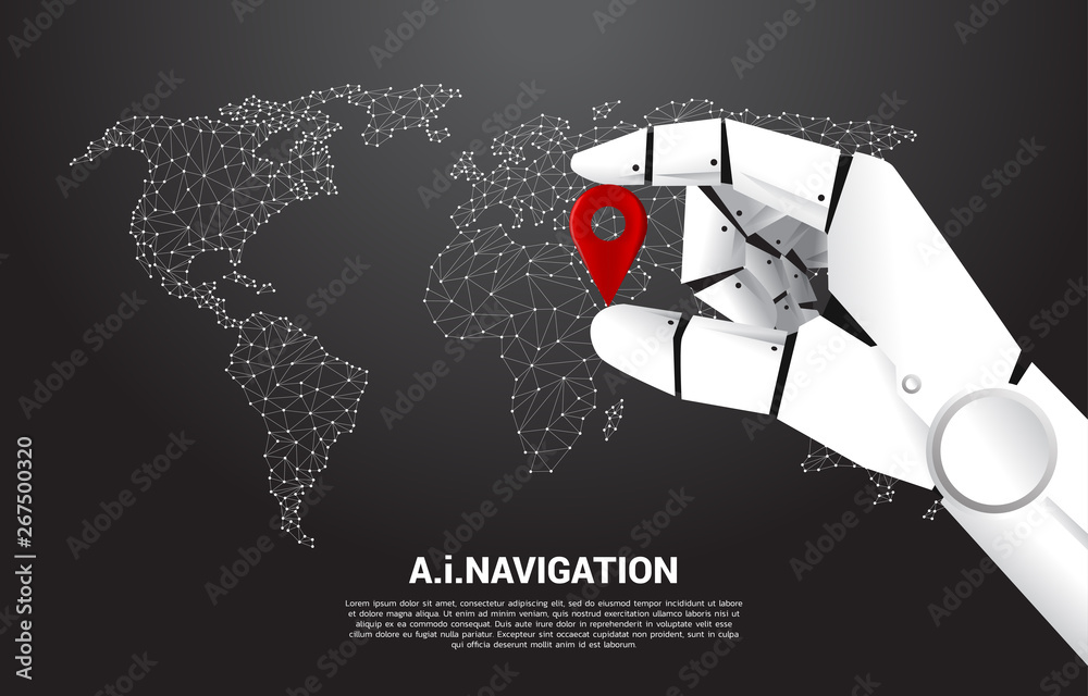Aufkleber close up hand of robot hold location pin marker in front of world map. concept of a.i. learning machine and navigation system.