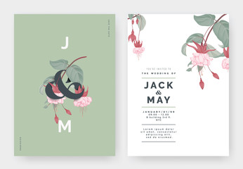 Fototapeta na wymiar Minimalist botanical wedding invitation card template design, Fuchsia icy pink flowers with lettering on green, pastel vintage theme