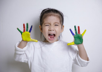 Kid's creativity, Child little asian girl hands painted in colorful paints on white background, Educational concept for school