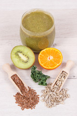 Smoothie or cocktail from fruits, vegetables and other ingredients. Healthy food for slimming containing vitamins and minerals