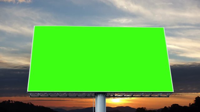 Advertising billboard green screen with sunrise sky and mountain, timelapse