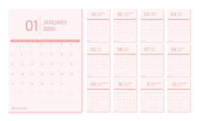 Fototapeta na wymiar 2020 calendar design template vector week start Sunday