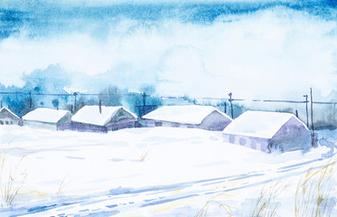 Watercolor landscape. Winter frozen day in the Russian village