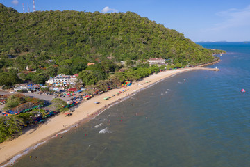 Fototapeta na wymiar Aerial View From Flying Drone Of People Crowd Relaxing On Beach In Cambodia - Image in Kampot - Cambodia