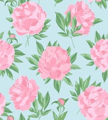 Seamless floral repeat pattern with elegant hand drawn coral pink peonies and green leaves on a soft blue background. Spring, Mother's Day, Easter, garden projects.
