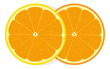 Fototapeta na wymiar Two pieces of orange slices are overlayed and their shadow on transparent background. Top view, flat lay, vector illustration.
