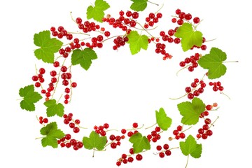 Currant berry. Berry frame. Red ripe currant berries and green leaves isolated on white background. Summer berries.top view, copy space