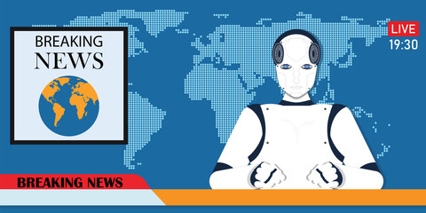 Robot Android breaking hot news anchor or cyber newscaster.