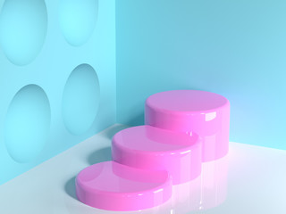 pink geometric shape blue wall corner white floor abstract minimal scene cylinder staircase blank podium