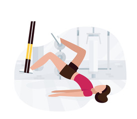 Fit woman working out on trx doing bodyweight glute exercises with bridge hip raise butt leg exercise. Fitness strength training workout