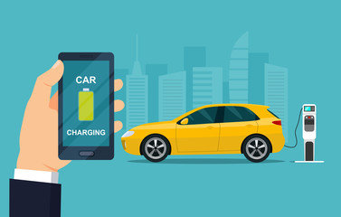 Electric hatchback is charging, side view. Hand holding smartphone with battery on the screen. Vector flat style illustration