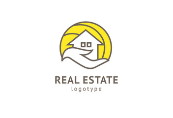 Obraz premium Abstract real estate agent logo icon vector design. Rent, sale of real estate vector logo, House cleaning, home security, real estate auction. Vector building logo concept.