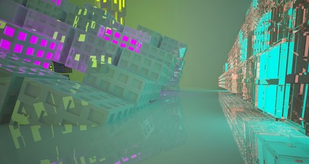 Abstract  Concrete Futuristic Sci-Fi interior With Pink, Blue And Yellow Glowing Neon Tubes . 3D illustration and rendering.