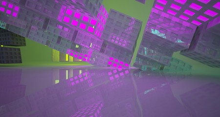 Abstract  Concrete Futuristic Sci-Fi interior With Pink, Blue And Yellow Glowing Neon Tubes . 3D illustration and rendering.