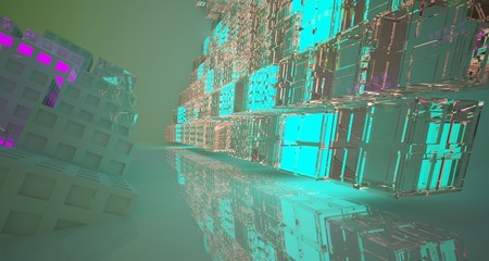 Abstract  Concrete Futuristic Sci-Fi interior With Pink, Blue And Yellow Glowing Neon Tubes . 3D illustration and rendering.