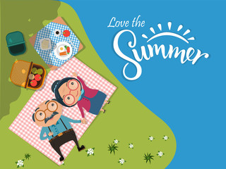 Love the Summer, Old senior man and woman couples camping and having a picnic in green meadow Top view. vector illustration.