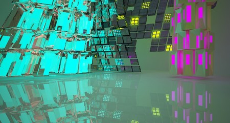 Abstract  Concrete Futuristic Sci-Fi interior With Pink, Blue And Yellow Glowing Neon Tubes . 3D illustration and rendering.