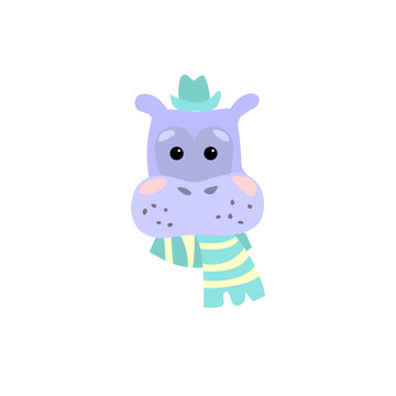 Cultural hippopotamus in a hat. Cute cartoon character. Cool picture is great for children's products: clothes, textiles, postcards, stationery products and other things. Vector illustration.