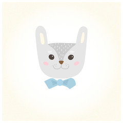 Cute cartoon character of a rabbit in a bow tie. Cool picture is great for children's products: clothes, textiles, postcards, stationery products and other things. Vector illustration.