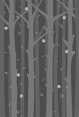 Background with tree trunks and falling fir cones and needles. A hovel forest. Monochrome design