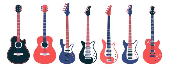 Electric guitars and acoustic different designs. Flat vector illustration. - obrazy, fototapety, plakaty