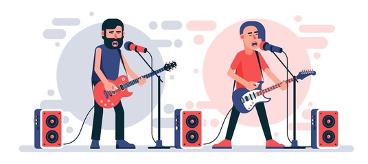 Rock singer with an electric guitar sings into microphone on stage. Rockstar character. Vector flat illustration.